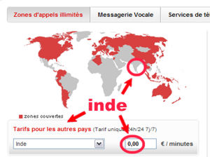 Carte de tarification sur l'Inde de la Neufbox SFR